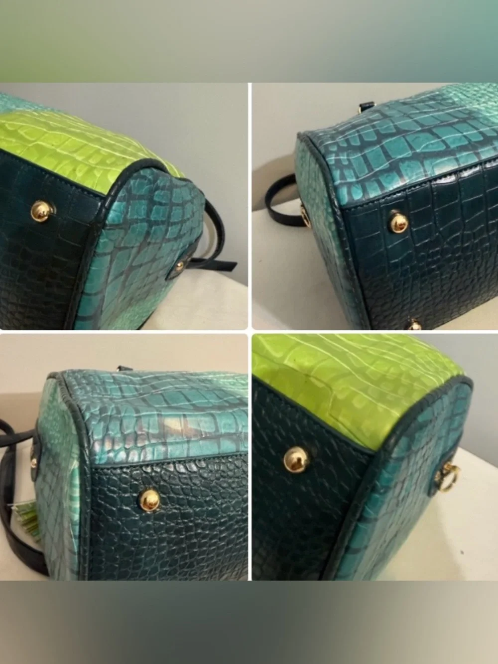 Teal Lime Ombre Croc Embossed Satchel Crossbody Bag Faux Leather
